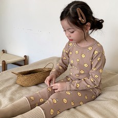 하라로이 아동용 브라운 쿠키 긴팔 보온 실내복 상하의 세트