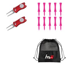 NAYA STYLE Golf Green Fork Repairer 2p + PE Golf Standard Tee 10p + Pouch Set GFYP-41-2+169-5PU, 紅色(修補叉)+粉色(高爾夫球座)