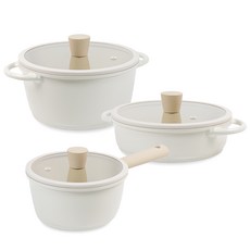 LaCena 電磁爐適用Cream系列鍋具3入組, 單色, 單柄湯鍋(附玻璃鍋蓋)18cm+雙耳湯鍋(附玻璃鍋蓋)20cm+雙耳淺湯鍋(附玻璃鍋蓋)20cm