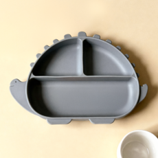 맘앤리틀 베이비 실리콘 공룡 흡착 자기주도 식판, 블루 그레이, 1개