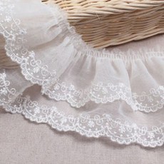 雙層荷葉邊網紗刺繡蕾絲, 白色象牙白, 1個