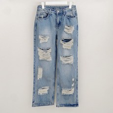 BBAEBBAE 女款三段長度刷破破壞風寬版丹寧褲