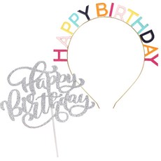joyparty 金屬生日髮箍 + 亮片生日蛋糕插牌組合, 彩虹(髮箍), 銀色(蛋糕插牌), 1套