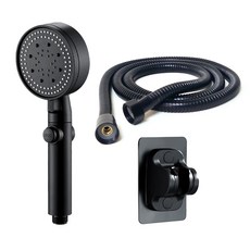 Winprice 五段水流一鍵止水輕量按摩蓮蓬頭+蓮蓬頭掛架+淋浴軟管組, 1組, 黑色