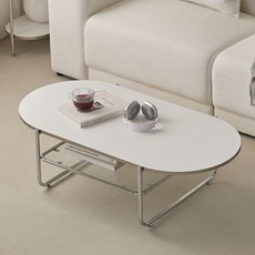 FURNICO 橢圓 雙層 強化玻璃 客廳 沙發茶几 1200, 米白色