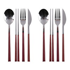 퀴드노비1979 레트로 2인 디너 커트러리 양식기 세트, 마호가니, 스푼 2개 + 포크 2개 + 나이프 2개 + 젓가락 2쌍, 8개