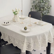 MarketA 花朵緞帶圖案蕾絲桌布, 白色, 1個, 140 x 90 cm