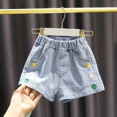 베베니즈 아동용 미니 플라워 자수 밴딩 데님 반바지
