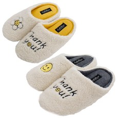 LABELLCO 微笑文字刺繡絨毛室內拖鞋 2雙組, 黃色(女款)+乳白色(男款)