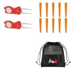 NAYASTYLE 高爾夫果嶺叉修補器 2入 + 塑膠高爾夫長球釘 10入 + 收納袋套組 GFYP-39-1+185-4PU, 混合色