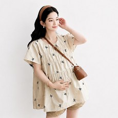 아이캔심플 리본패턴 셔링 플레어 임부 반팔 블라우스