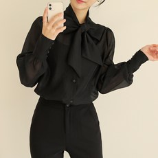 빼빼 여성용 소매버튼 리본 시스루 블라우스