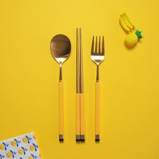 Bogen 孩童雙色金屬湯匙+筷子+叉子, 金色 黃色, 湯匙+筷子+叉子, 1組