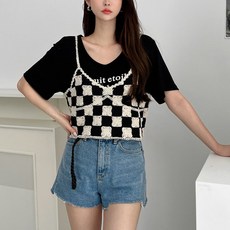 KnitNJean 女款棉質方領鉤織針織背心馬甲