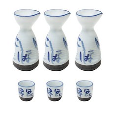 O 椅 握把藍字瓷酒瓶+酒杯套組, 3套, 瓶子 3p + 玻璃 3p