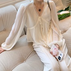 PEONIST 蕾絲線條抓皺V領上衣