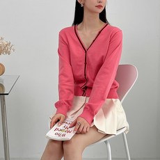 뜨개진 여성용 쫀쫀 배색라인 버튼 하라에 가디건