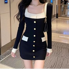 ViVEMO Arbel 金釦方領連身裙 10986, 黑色