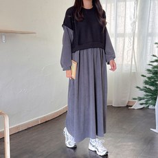 Borimam 針織背心撞色刷毛燈芯絨孕婦長版連身裙 a79