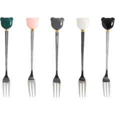 Moda Kitchen 陶瓷握柄小熊茶叉5入組 (白色+粉色+綠色+灰色+黑色), 1組, 白色+粉紅色+綠色+灰色+黑色