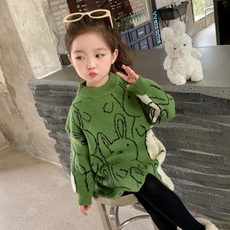 奧蘭奇達蒙 女童款腰袖白兔長版針織T恤