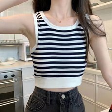 피어니스트 여성용 스트라이프 크롭 나시 티셔츠