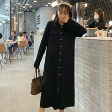 翻領口袋長袖孕婦連身裙