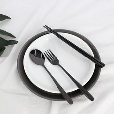 Gonggam Store 全不鏽鋼304現代風雙人餐具3件組, 黑色, 湯匙 + 筷子 + 叉子, 2套
