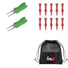 NAYASTYLE 高爾夫果嶺叉 2入 + PE球梯 10入 + 收納袋組, 綠色(果嶺叉) + 紅色(球梯)