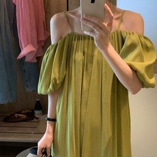 TheSirup 女款舒適泡泡袖沙灘連身裙