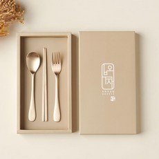 Obooja 韓國製 方字鍮器 兒童湯匙筷子組, 湯匙+筷子+叉子+盒子, 1組, 銅色