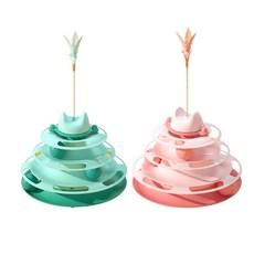 Morepet羽毛棒4層球桌貓咪玩具 2件組, 1套, 綠色, 粉紅色