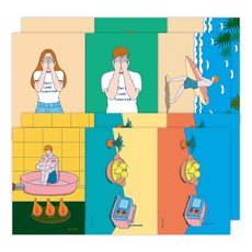 逗號明信片 6 件套, 遮臉少年, 遮臉少女, 衝浪者, 平底鍋, 檸檬桌 黃色, 檸檬桌 藍色, 2套