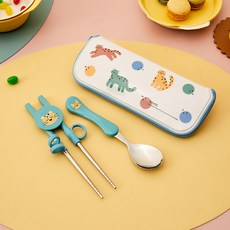Modern House 湯匙+學習訓練筷+拉鍊袋組, 勺子+筷子+箱子, 野生動物園獵豹, 1組
