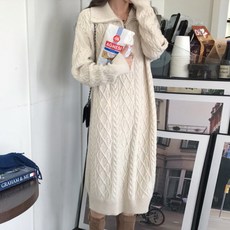 URBANLINE 女款俏皮麻花高領拉鍊針織長版連身裙, 象牙白