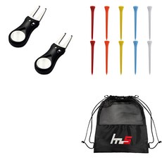 NAYASTYLE 高爾夫果嶺叉修補器 黑色 2入 + 塑膠高爾夫加長球Tee 隨機出貨 10入 + 收納袋套組 GFYP-38-2 167-4PU, 混合顏色