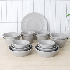 Bloom at home Strisha 4人份餐具家庭組 17件組, 1套, 淺灰色, 飯碗 4p + 湯碗 4p + 小菜盤(小) 4p + 小菜盤(中) 2p + 小菜盤(大) 2p + 大盤