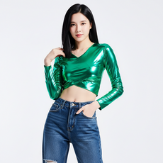 마켓피아 여성용 무대 댄스의상 광택 긴팔 랩 크롭
