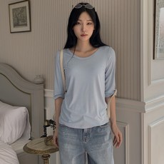 시크블랙 여성용 미다후 무지 심플 U넥 반팔 티셔츠 cpt16316k52