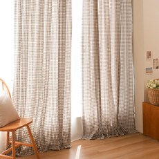 FORHOME 手工粉彩格紋尺寸訂製掛鉤式窗簾, 棕色