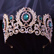 루나글램 플라워 쉐이프장식 주얼리 셀프웨딩 티아라 WC822, 골드그린, 1개