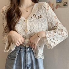 ATTERLIC 女性V領可愛花卉刺繡鏤空短版開襟衫 13827