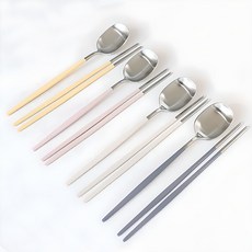 Heize Living 304不鏽鋼湯匙筷子4人份餐具組 (奶油黃+粉色+象牙白+灰色), 1組, 黃油色、粉紅色、象牙色、灰色, 勺子 4p + 筷子 4p