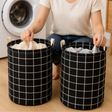 Gorumi 北歐風可折疊布質髒衣籃收納箱 2入, 黑色格紋