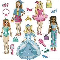 家居裝飾芭比十字繡DIY套組 圖案 + 14ct布料 + 線 + 針 2p組, 混合顏色, 1套