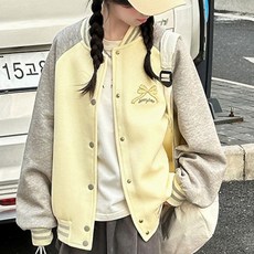 하라로이 리본 자수 배색 바시티 야구 점퍼