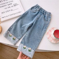 EYOUMONG 兒童Sobera花朵刺繡丹寧鬆緊帶寬版長褲