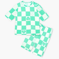 Uni FRIend 童款格紋愛心印花7分袖上衣長褲組