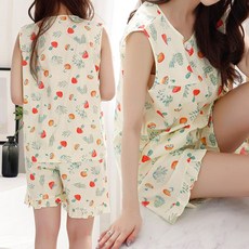 테라우드 여성용 통기성 코튼 프릴 민소매 파자마 상하의 세트 2p
