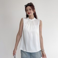 더시럽 여성용 하이넥 레이스 새틴 민소매 티